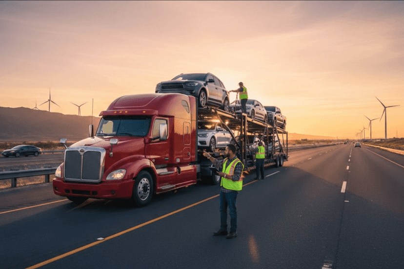Red semi hauling a loaded two-level car carrier at sunset while a driver in a safety vest stands on the highway