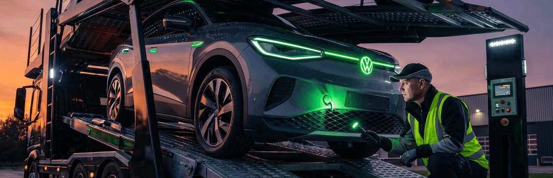 Worker in a safety vest checking an electric SUV loaded on a carrier beside a charging station