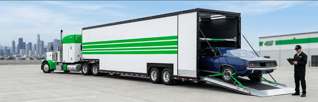 Enclosed car trailer with its ramp down as a classic car is loaded and a driver holds a clipboard
