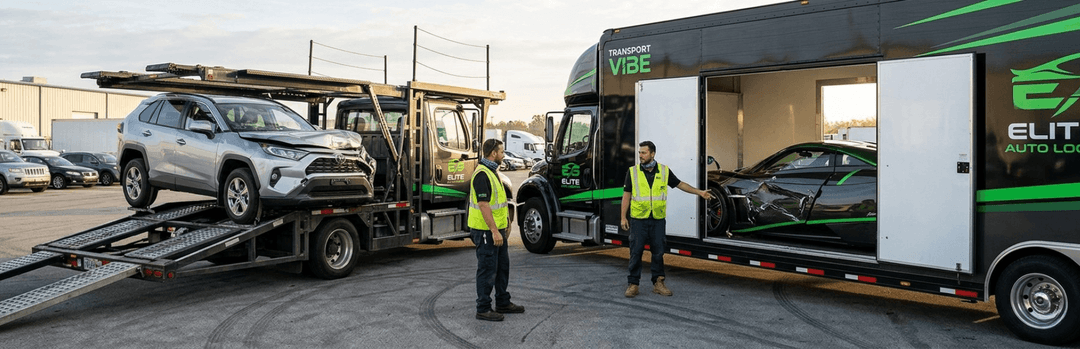 Open carrier loading an SUV beside an enclosed trailer with liftgate, workers in safety vests at a lot