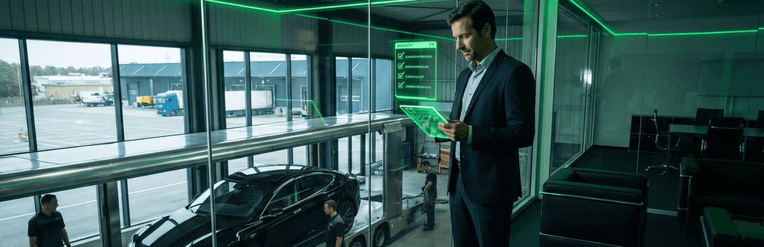 Man in a suit checking his phone in a modern office overlooking a black electric car in a transport bay