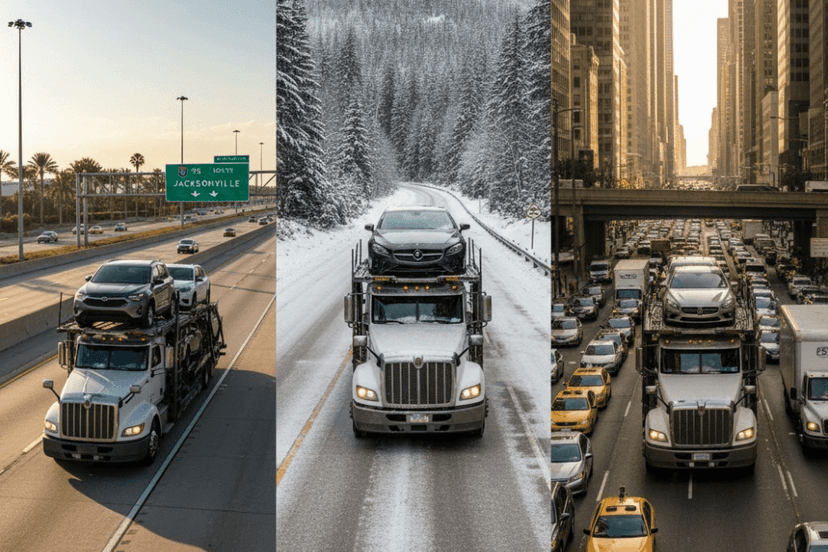 Three car carriers on different routes: a sunny Florida interstate, a snowy mountain road and a congested city street
