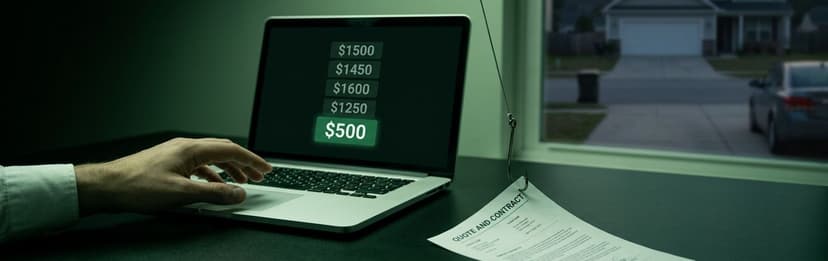 Laptop showing quotes of $1,500, $1,450, $1,600 and $1,250 next to a highlighted $500 lowball offer