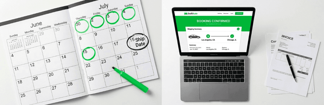 June and July calendar with dates circled and a ship date marked, beside a laptop showing booking confirmed
