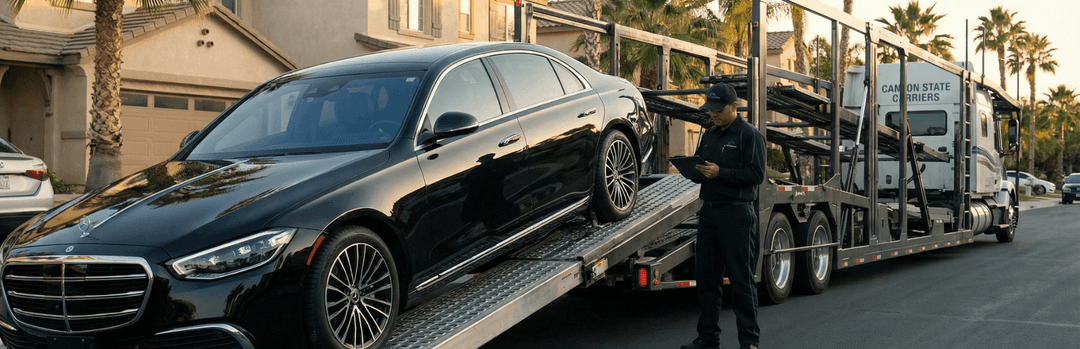 Driver loading a black luxury sedan onto a car carrier outside a house with palm trees