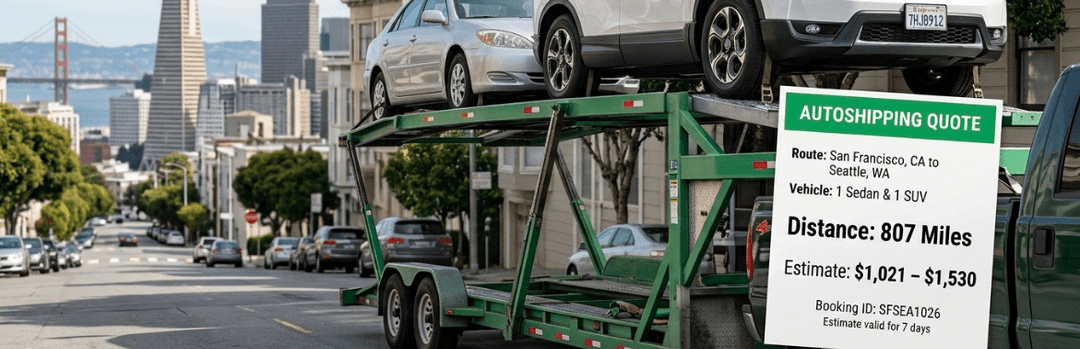 Car carrier on a San Francisco street with a quote showing 807 miles and an estimate of $1,021 to $1,530