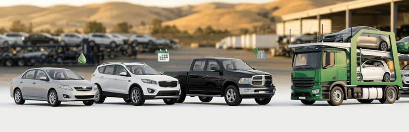 Row of sedans, SUVs and a pickup beside a green car carrier, showing how vehicle size affects SF to LA pricing