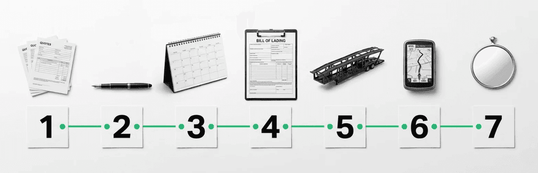 Seven numbered steps in Miami car shipping: quotes, signing, scheduling, bill of lading, transit, tracking, delivery