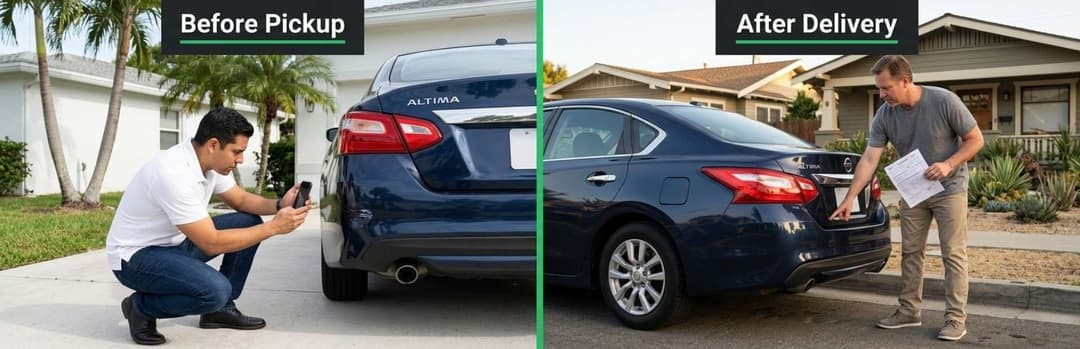 Before pickup a man photographs a blue sedan; after delivery another man inspects it with a checklist