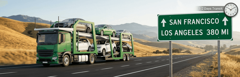 Green car carrier on a California highway passing a San Francisco to Los Angeles 380 mi sign