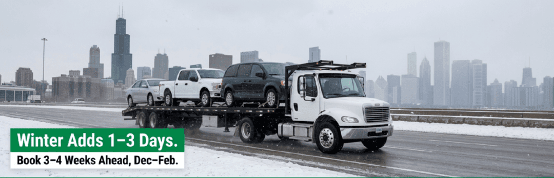 Car hauler on a snowy road outside Chicago with text: winter adds 1 to 3 days, book 3 to 4 weeks ahead