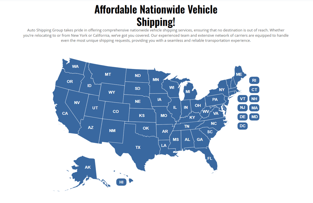 Auto Shipping Group map of nationwide vehicle shipping coverage across the US