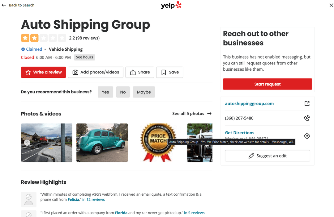 Auto Shipping Group Yelp profile showing a 2.2-star rating from 98 reviews