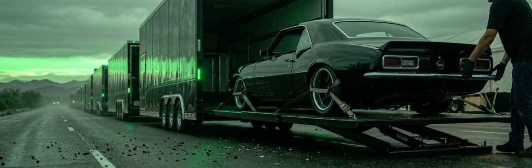 Black classic muscle car being guided up a ramp into an enclosed trailer with green lighting