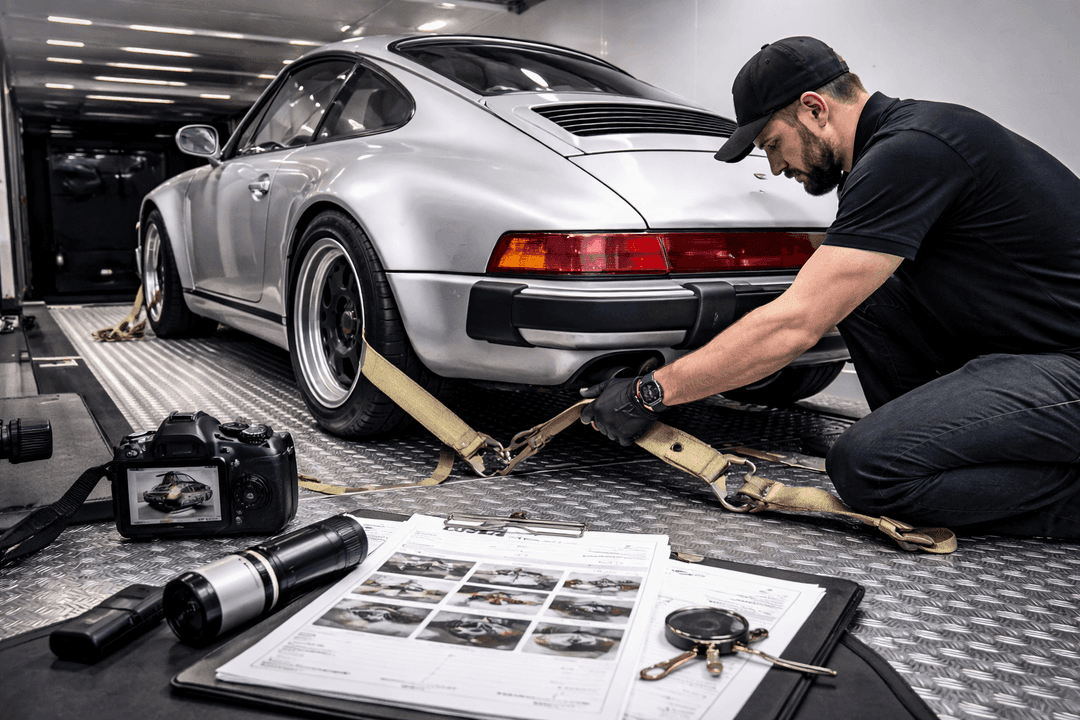 Technician strapping a silver Porsche 911 inside an enclosed trailer, with a camera and inspection sheet nearby