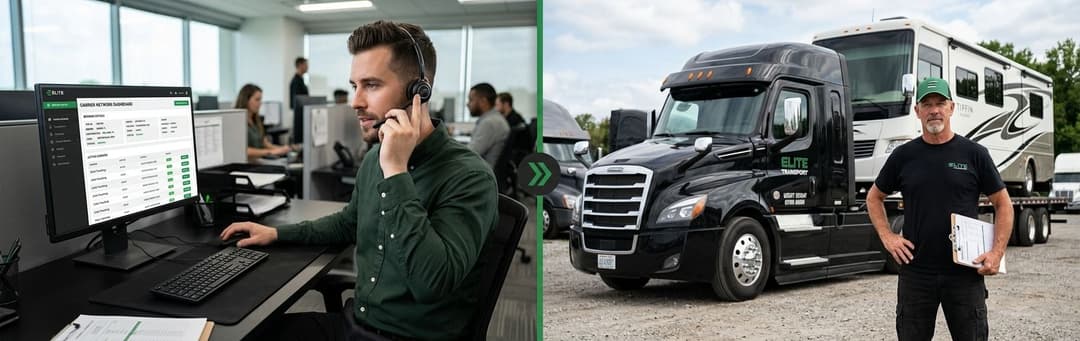 Broker on the phone at a desk with monitors beside a carrier driver standing by his truck and an RV