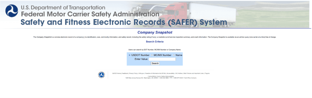 FMCSA SAFER System company snapshot search page with the USDOT or MC number search type options