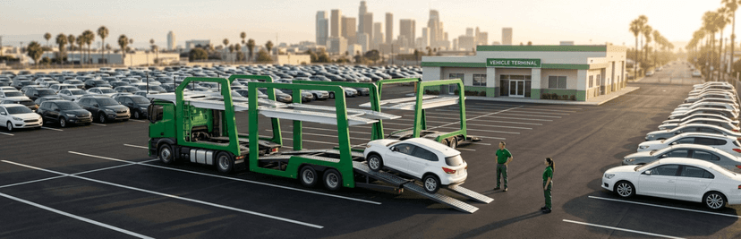 Green car carriers loading at a California terminal lot full of cars with the Los Angeles skyline behind