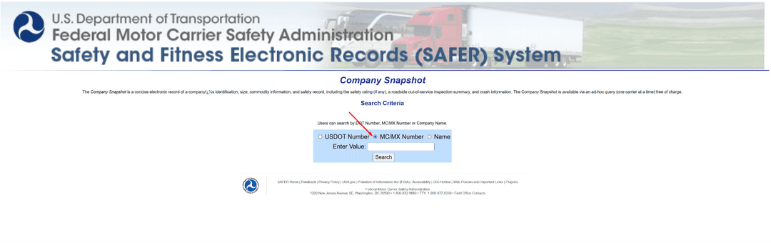 FMCSA SAFER company snapshot search page with an arrow pointing to the MC/MX number search option