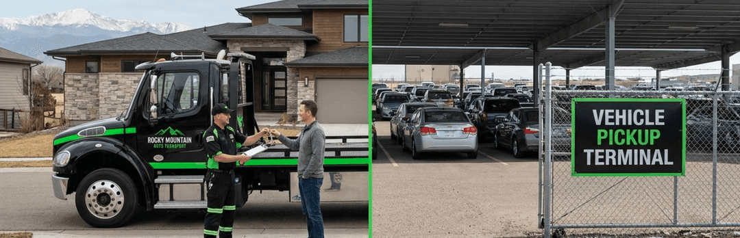 Tow truck driver handing a car to a homeowner beside a fenced lot with a Vehicle Pickup Terminal sign