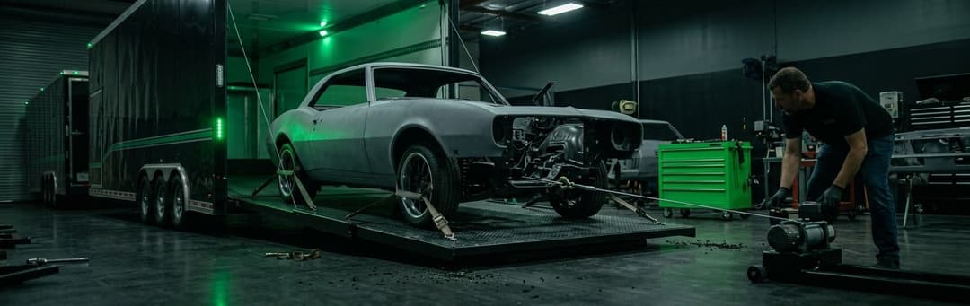 Mechanic winching a non-running classic car shell into an enclosed transport trailer