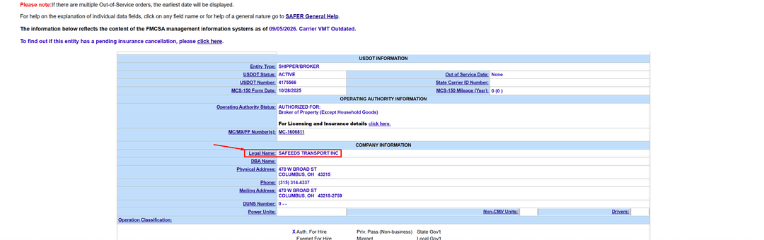 FMCSA SAFER results page with the carrier legal name, operating status and authority fields highlighted