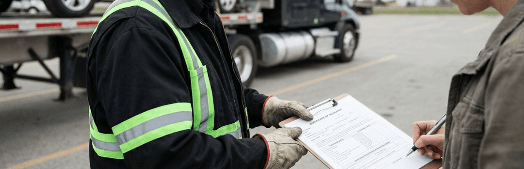 Carrier driver in a safety vest holding an insurance document while a customer signs with a pen