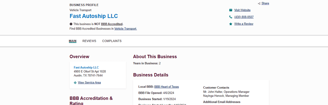 BBB Rating, Accreditation Status, and Complaint History