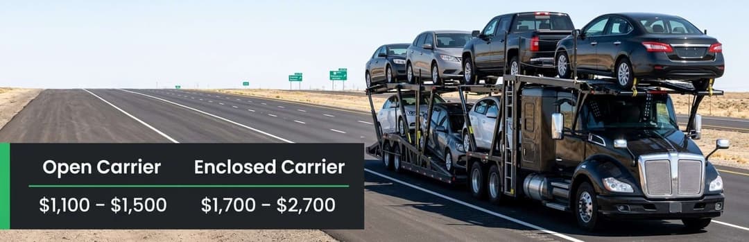 Loaded open car carrier on a highway with prices: open carrier $1,100 to $1,500, enclosed $1,700 to $2,700
