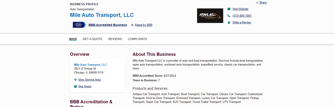 Mile Auto Transport LLC BBB Rating And Complaint Pattern