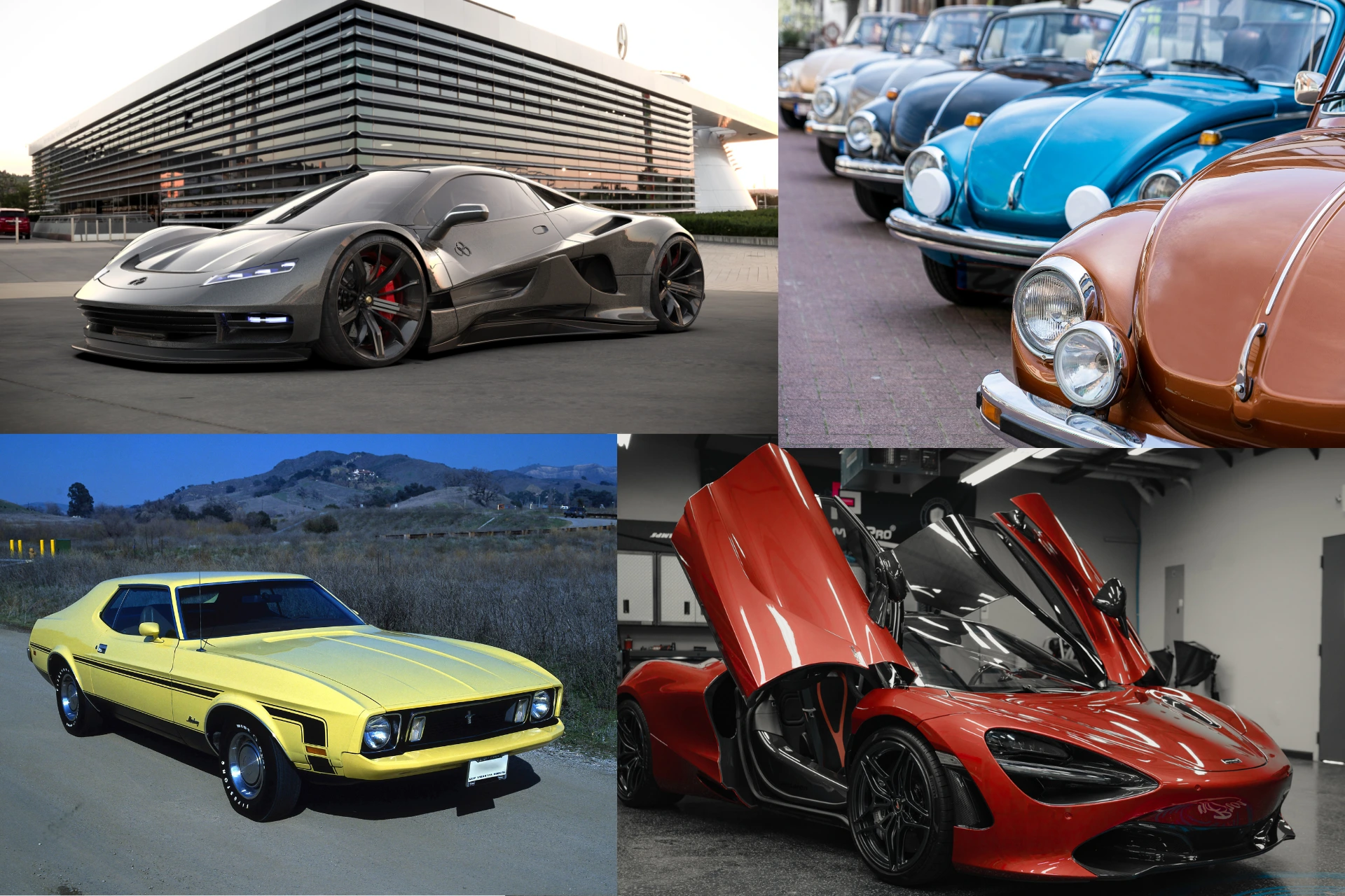 Collage of classic and luxury cars including sports cars and vintage vehicles prepared for enclosed auto transport in the U.S.