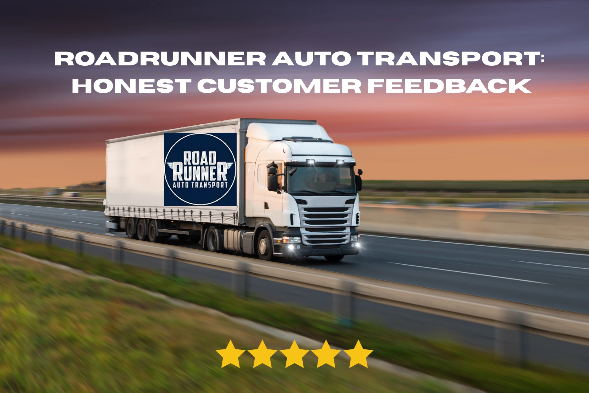 RoadRunner Auto Transport logo with customer review overlay – Transportvibe