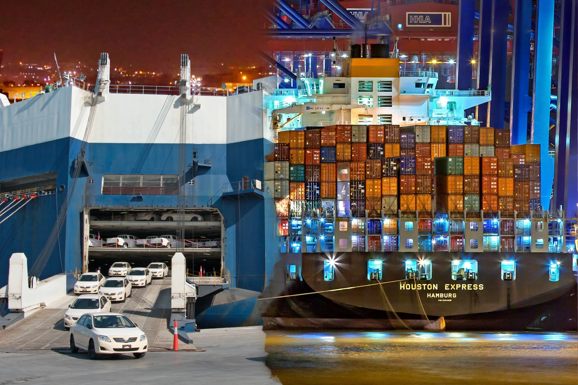 Comparison of a Ro-Ro ship loading cars and a container ship loaded with cargo boxes, illustrating Ro-Ro vs. Container Shipping.